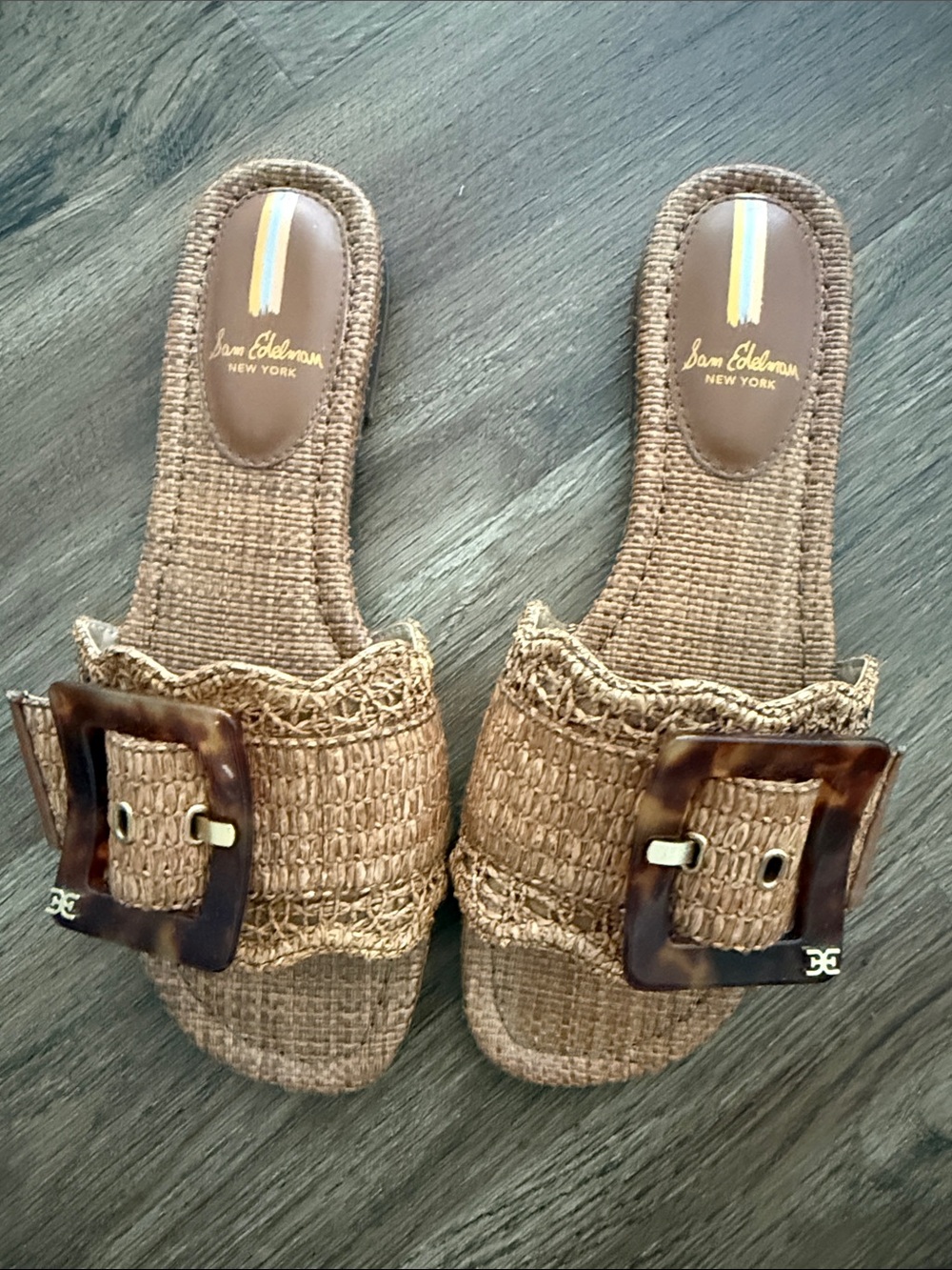 Sam Edelman Tan Woven Slide Mules with Tortoiseshell Buckles